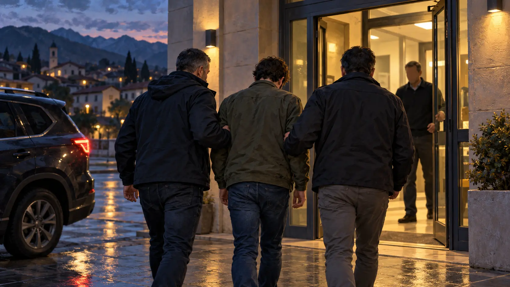 Ricostruzione IA: due adulti anonimi accompagnano un terzo verso l'ingresso illuminato di un edificio, dove li attende un quarto adulto.